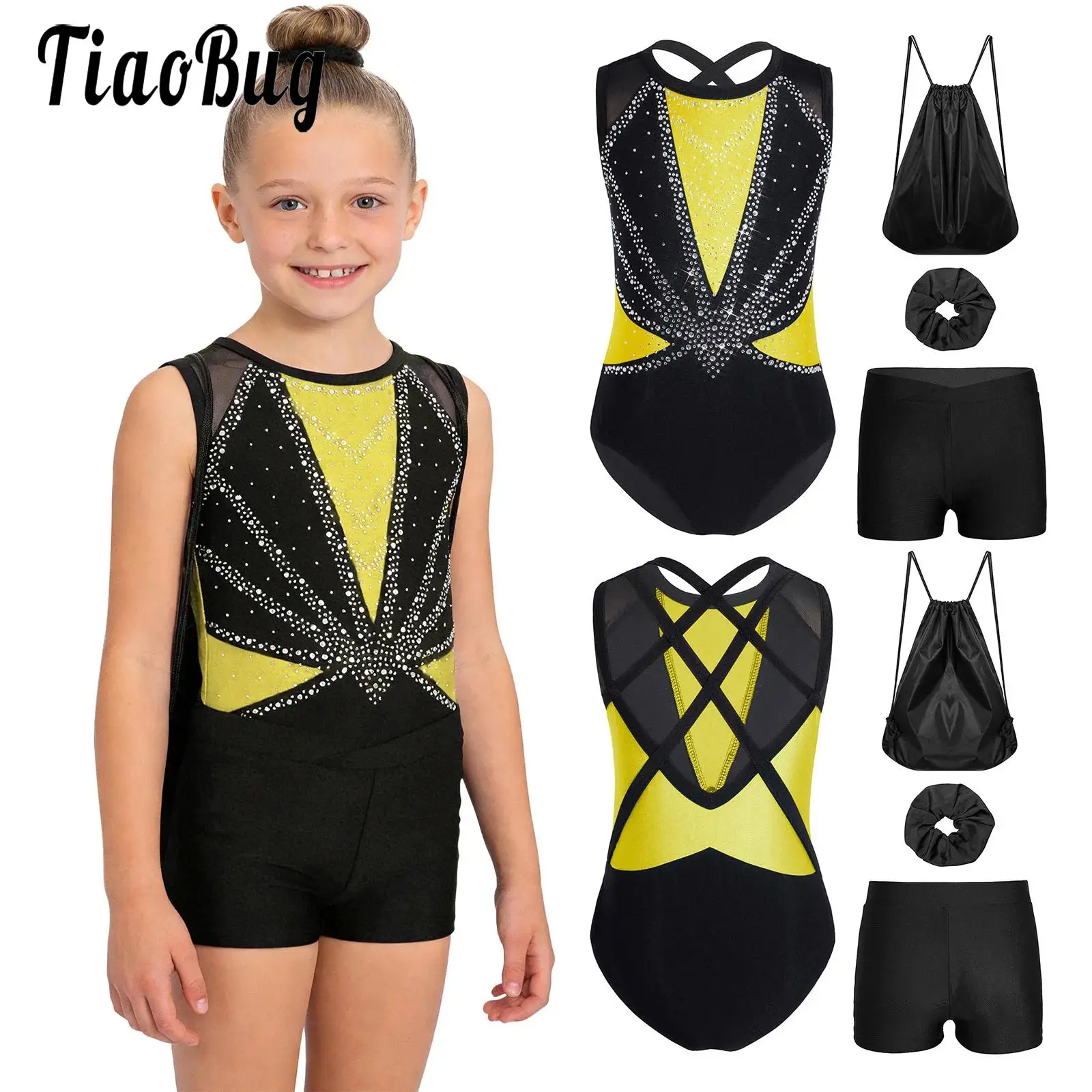 Kids Girls Rhythmic Skating Gymnastics Dance Outfit Sleeveless Crisscross Back Leotard with Shorts Hairband Drawstring Backpack