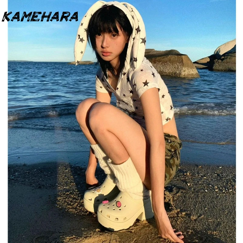 

KAMEHARA японская футболка с капюшоном Y2k, винтажный стиль 2000-х годов, топы с кроличьими ушками, рубашки с короткими рукавами и звездным принтом в стиле Харадзюку, популярные в Корейском стиле