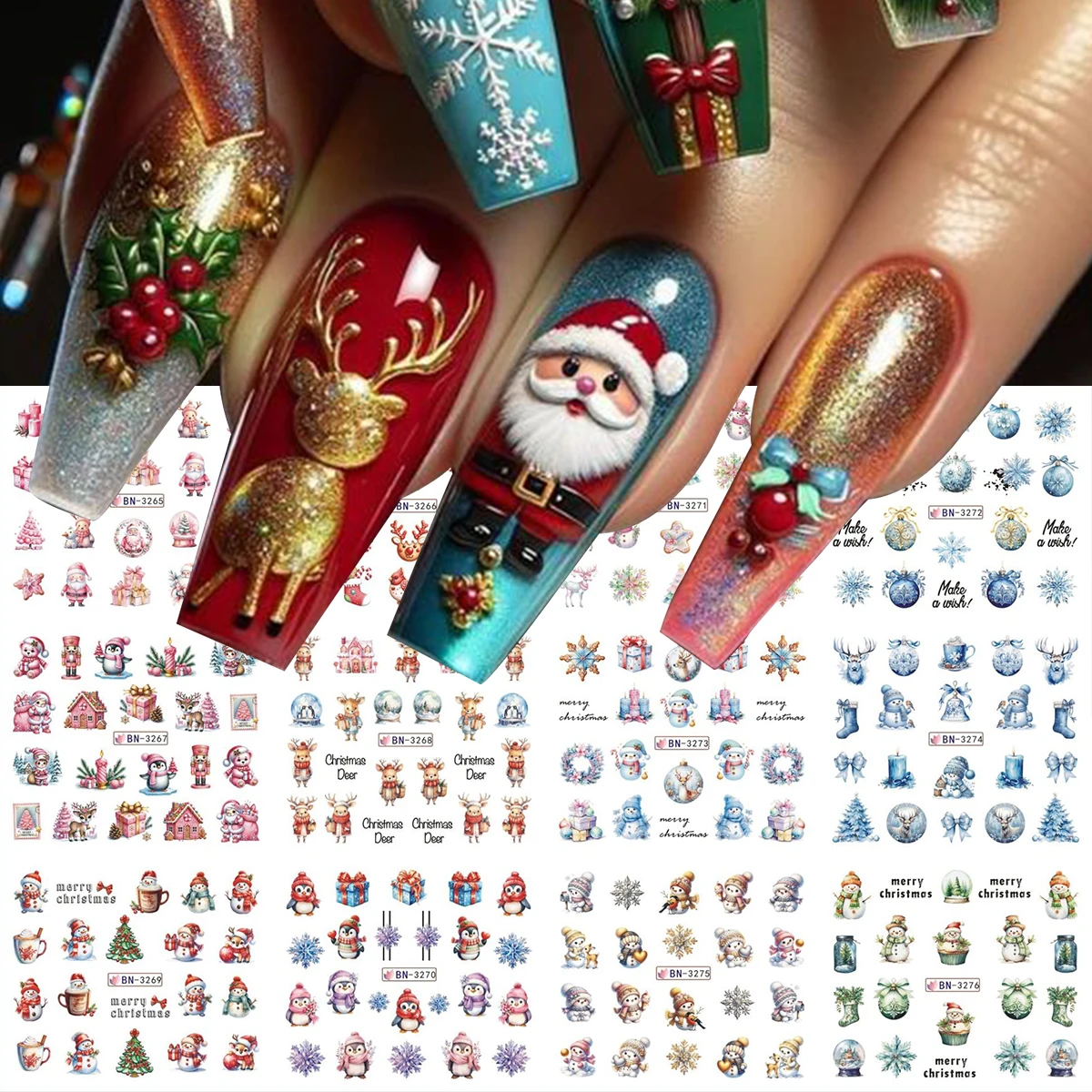12 قطعة عيد الميلاد احتفالي مسمار الفن ملصقات لطيف الكرتون ثلج سانتا كلوز الجوارب أجراس الثلج البطاريق نقل المياه المنزلق #5
