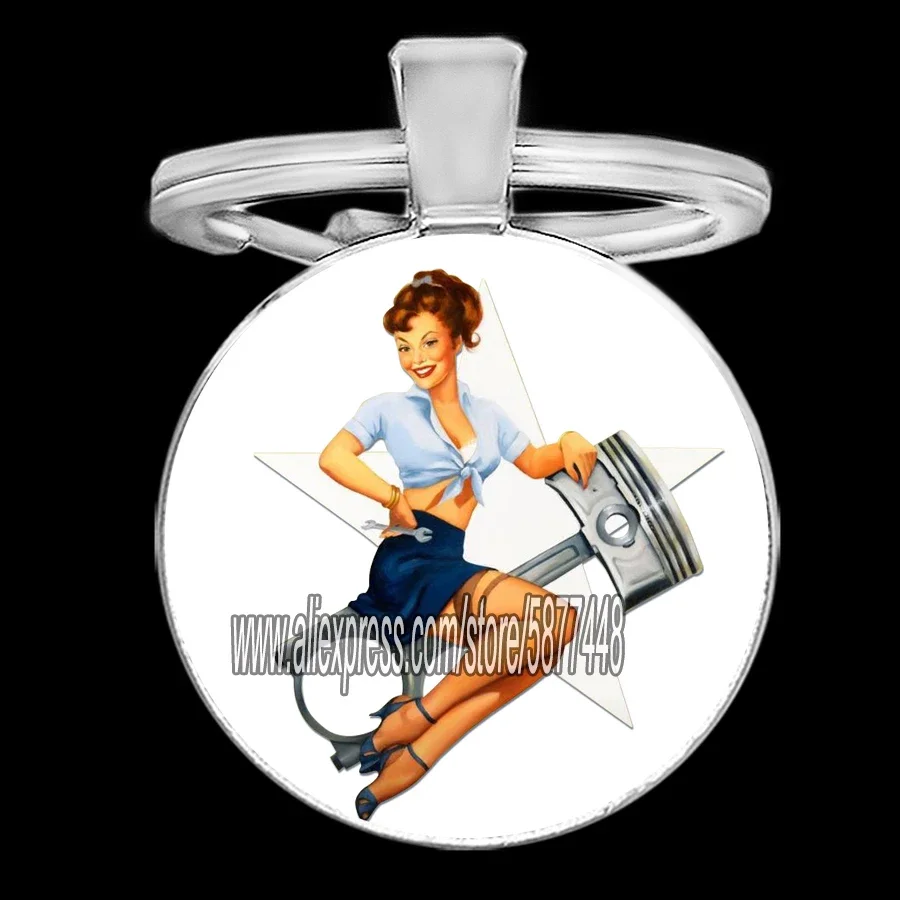 Sexy Women Glass Cabochon Keychain Gas Station Girl Pendent Key Ring Fashion Hot Woman on Rocket Key Chain Mens Jewelry