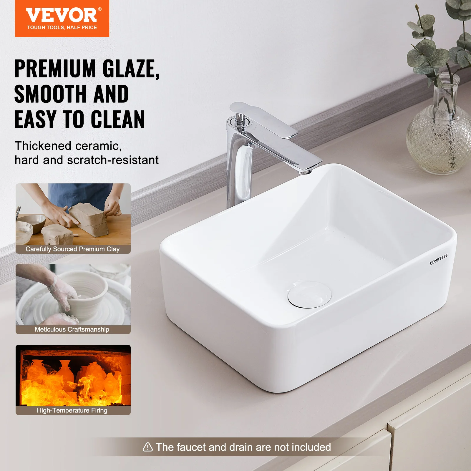 VEVOR Rectangle Vessel Sink Bathroom Vessel Sink Countertop White Ceramic Bathroom Sinks Above Counter for Bathroom /Toilet /RV