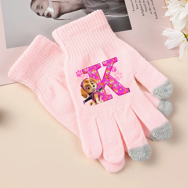 Paw Patrols Girls Knitted Gloves Skye Anime Letter A-Z Screen Gloved Kids Winter Warm Clothing Accessory Children Gift Hot Sales