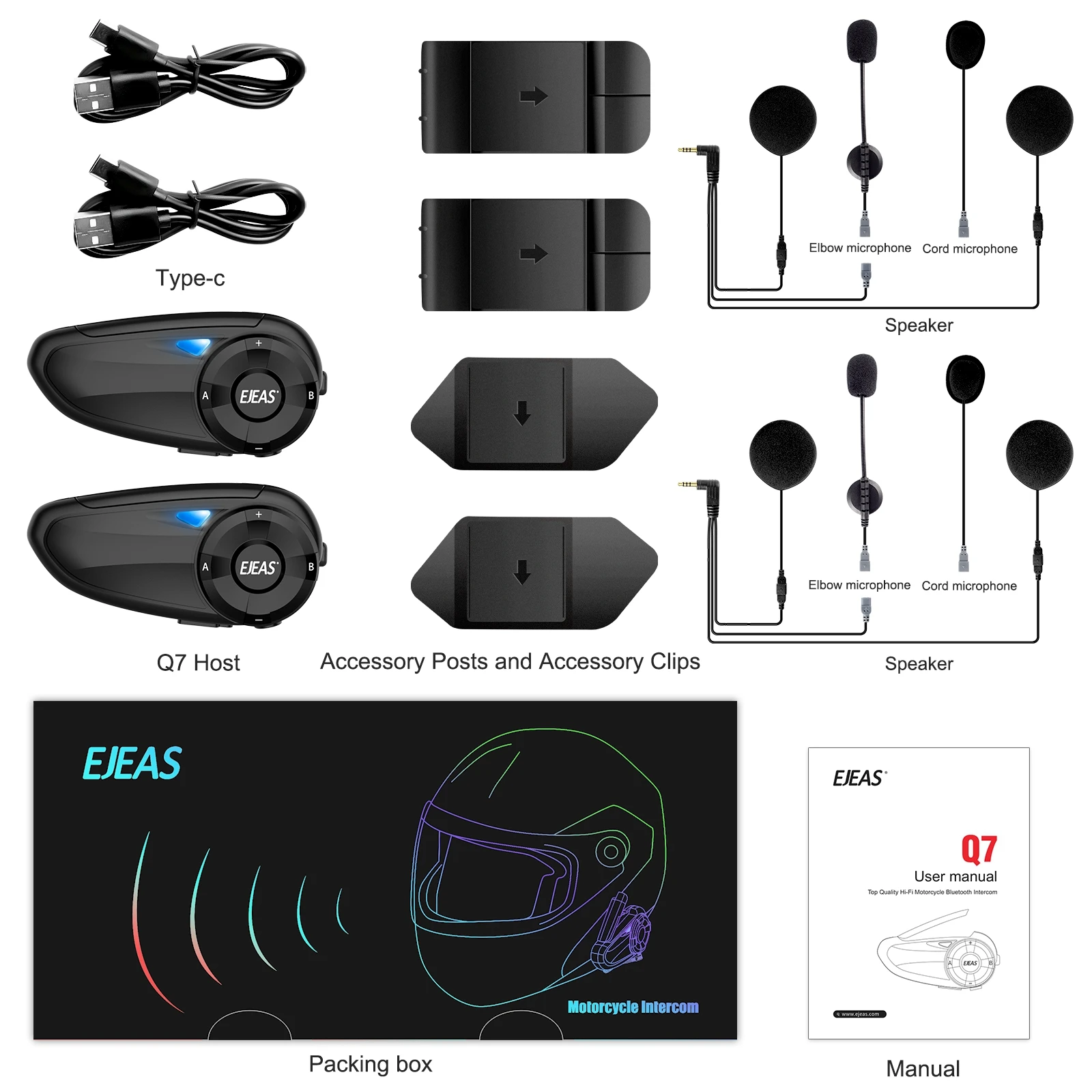 EJEAS Q7 Typ-C Motorrad-Interphone-Helm-Intercom-Headset BT5.1 Bis zu 7 Fahrer, die schnell sprechen, Paar 3,5-mm-Buchse wasserdicht