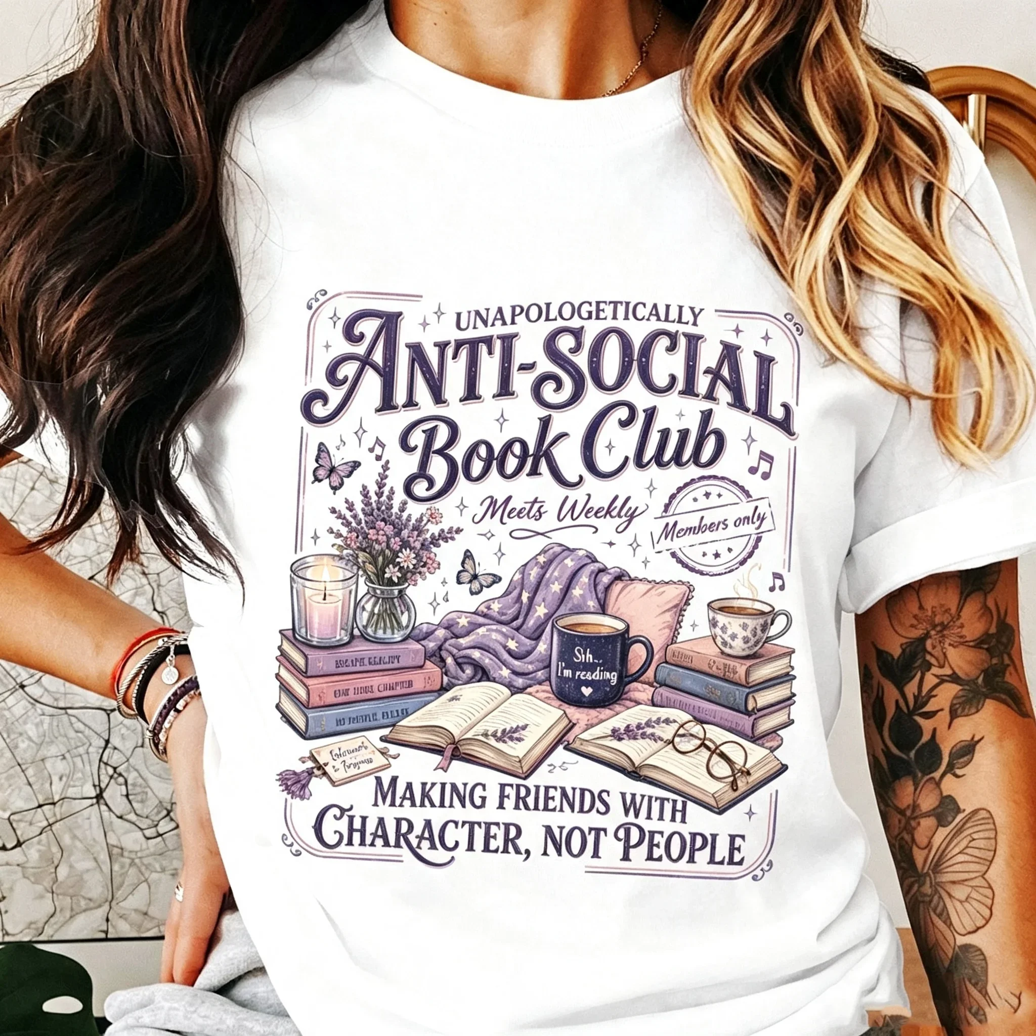 Quiet Reader Book Club T-Shirt, Making Friends With Fictional Characters Book Lover Tee, Vintage Lavender Reading Shirt