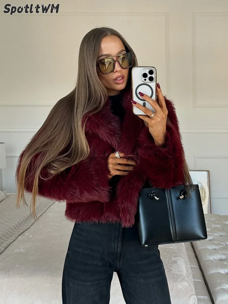 Bordeaux Rood Chic Dames Pluizig Nepbont Korte Jas Dames Elegante Revers Lange Mouw Pluche Jas Vrouwelijke Warme Cropped Streetwear