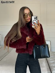 Burgundy Warm Fluffy Faux Fur Short Women's Jacket Elegant Lapel Long Sleeve Plush Coat 2024 Winter Lady Cropped High Streetwear