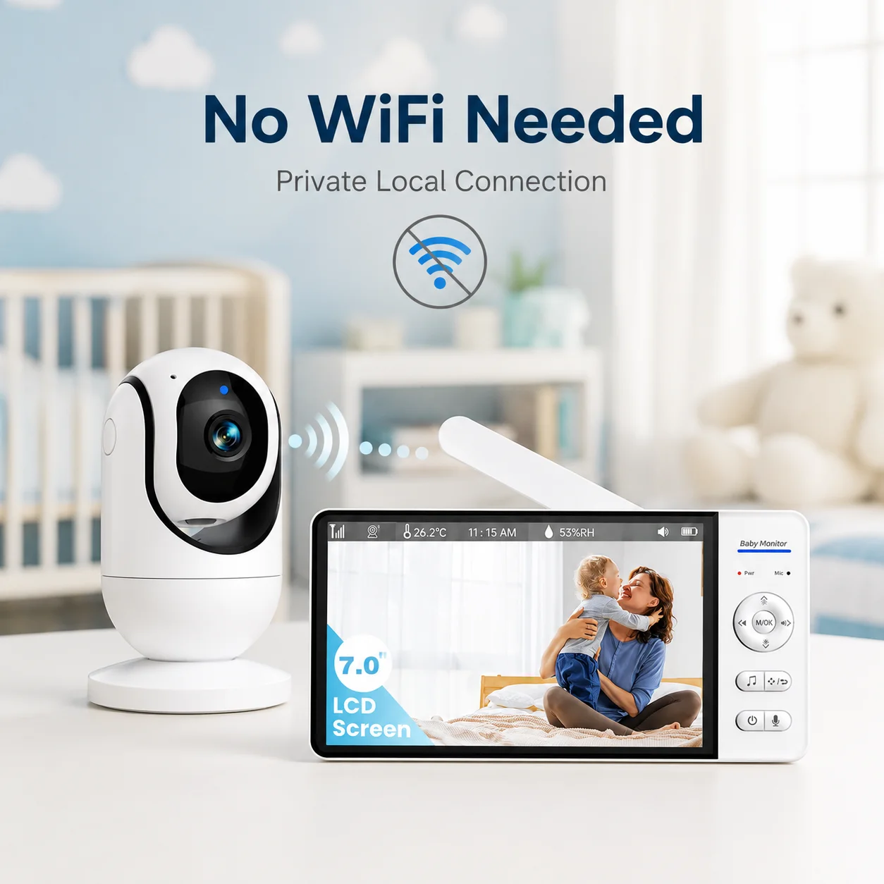 Babyphone mit Kamera und Audio 7 Zoll Großer Bildschirm Digitaler Videomonitor Zwei-Wege-Kommunikation Nachtsicht Temperaturanzeige Beruhigende 8 Schlaflieder 355 ° Schwenk-Neige-Babykamera mit Elternbildschirm für Neugeborene, Säuglinge, Kinderzimmer und Zuhause – Detail 12