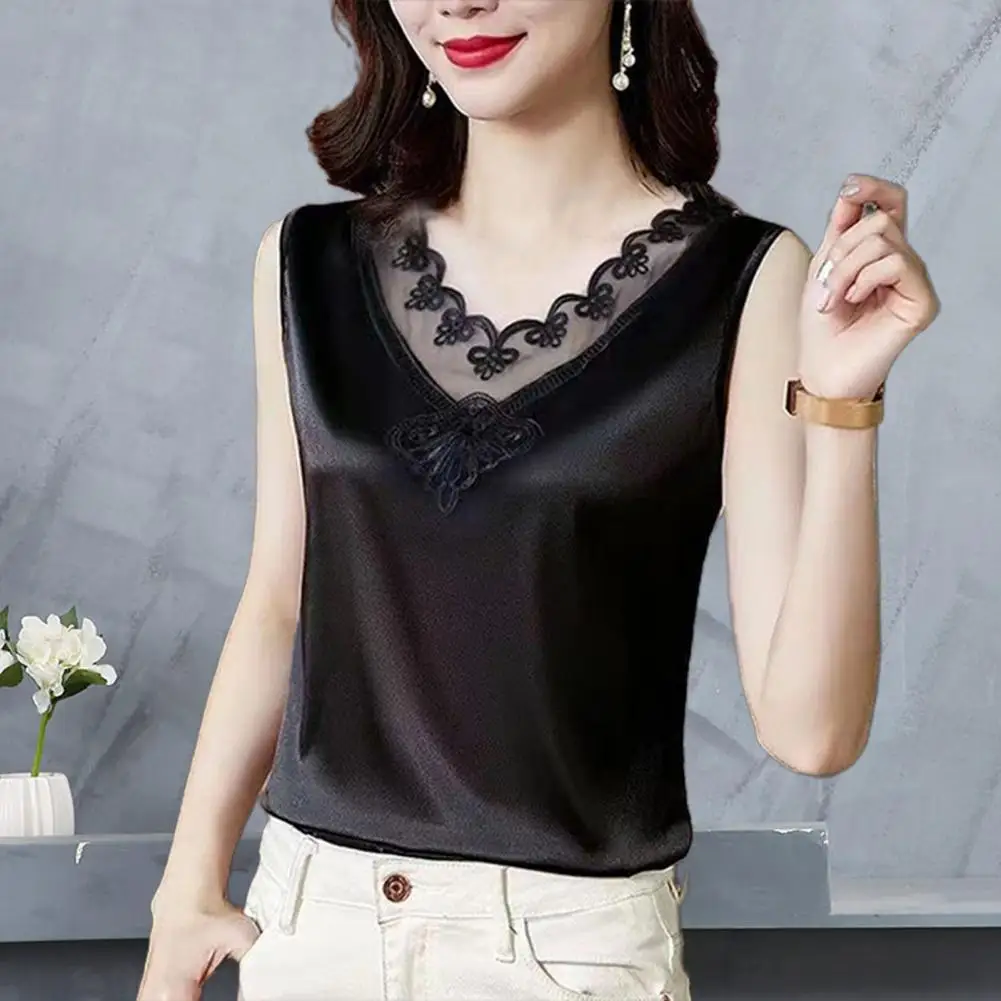 Women Solid Lace Silk Camisole, Lady Soft Tank Top, Sleeveless Pullover Top, Non-Fading, Summer Clothing, Women Base Top