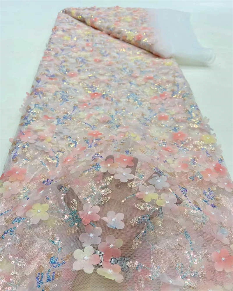 

High Quality African Nigerian Lace Fabric Embroidered Sequined 3D Flowers French Tulle for Dress Making