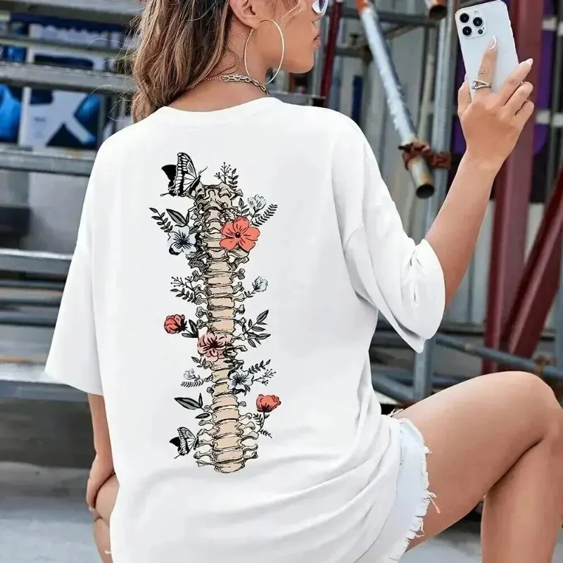 

Floral & Skeleton Print Cotton T-Shirt for Women Motivational Grow Through It Personality Female Tee Oversize Tops Soft T-Shirt