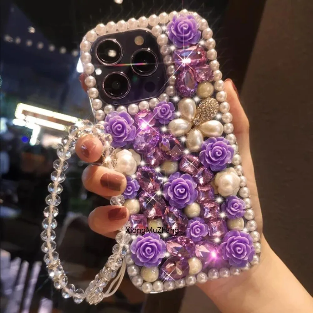 Deluxe Diamant-Perlen-Blumen-Handyhülle Passend für iPhone 18 17 16 15 14 Pro Max 13 12 11 3D-Blumen Transparente Armband-Hülle – Detail 8