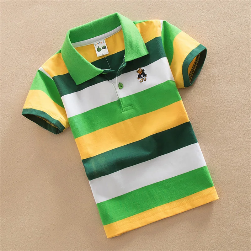 T-shirt For Boys Summer Children Short Sleeve Stripe Tees Cartoon Bear Embroidery Tops Teens Breathable Polo Shirt Kids Clothing