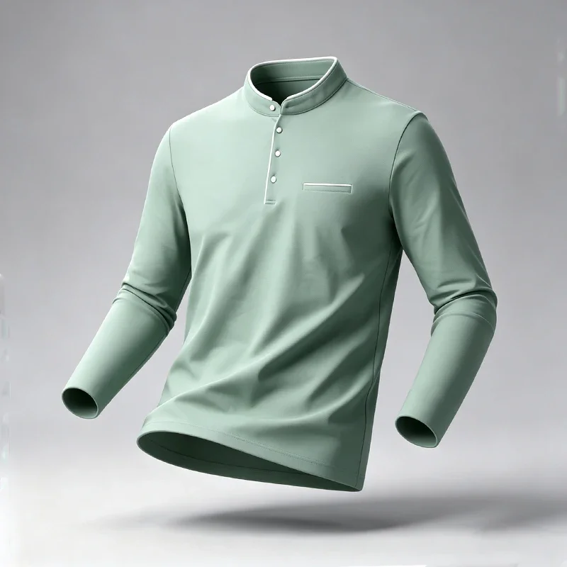 Mens Mandarin Collar Long Sleeve Polo Tee Four Buttons Neckline Decorative Pocket Soft Wrinkle Resistant Versatile Office Blouse
