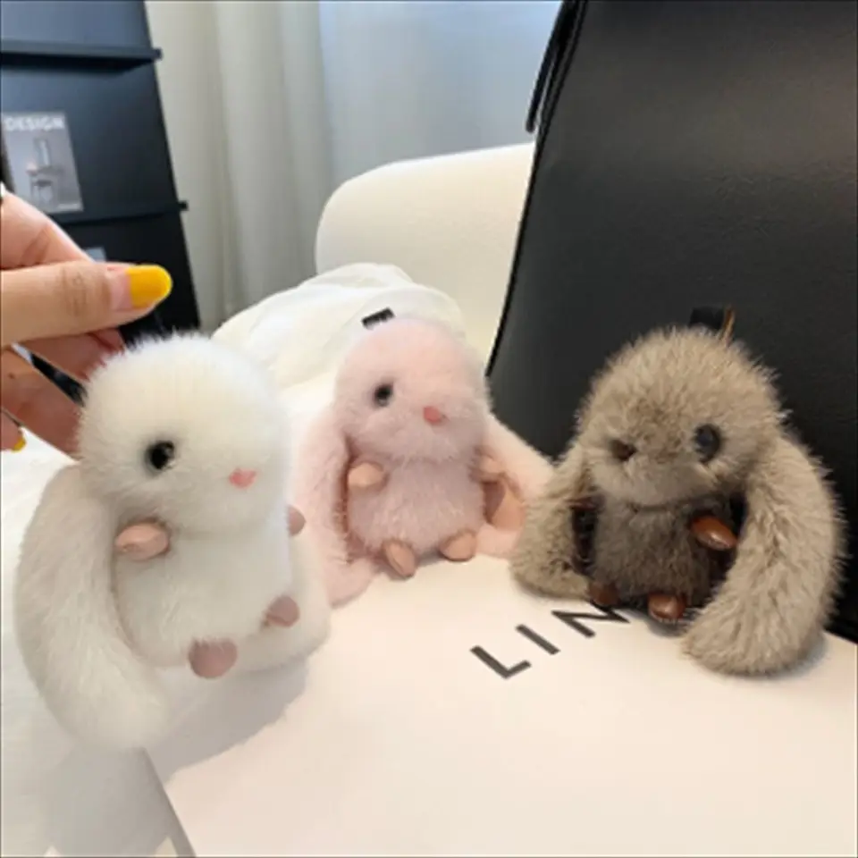 動物のぬいぐるみ,女性と女の子のためのウサギの毛皮のキーホルダー