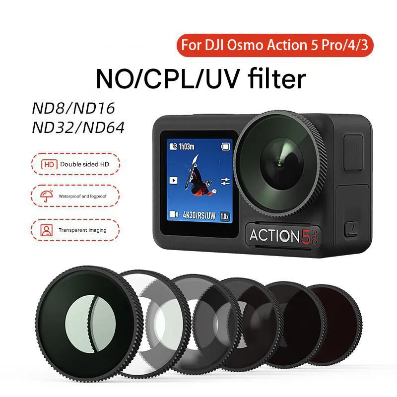 Conjunto de filtros de lente para dji osmo action 5 pro/action 4/3 filtro de câmera uv cpl nd8/16/32/64 acessórios de filtros polarizadores de vidro óptico