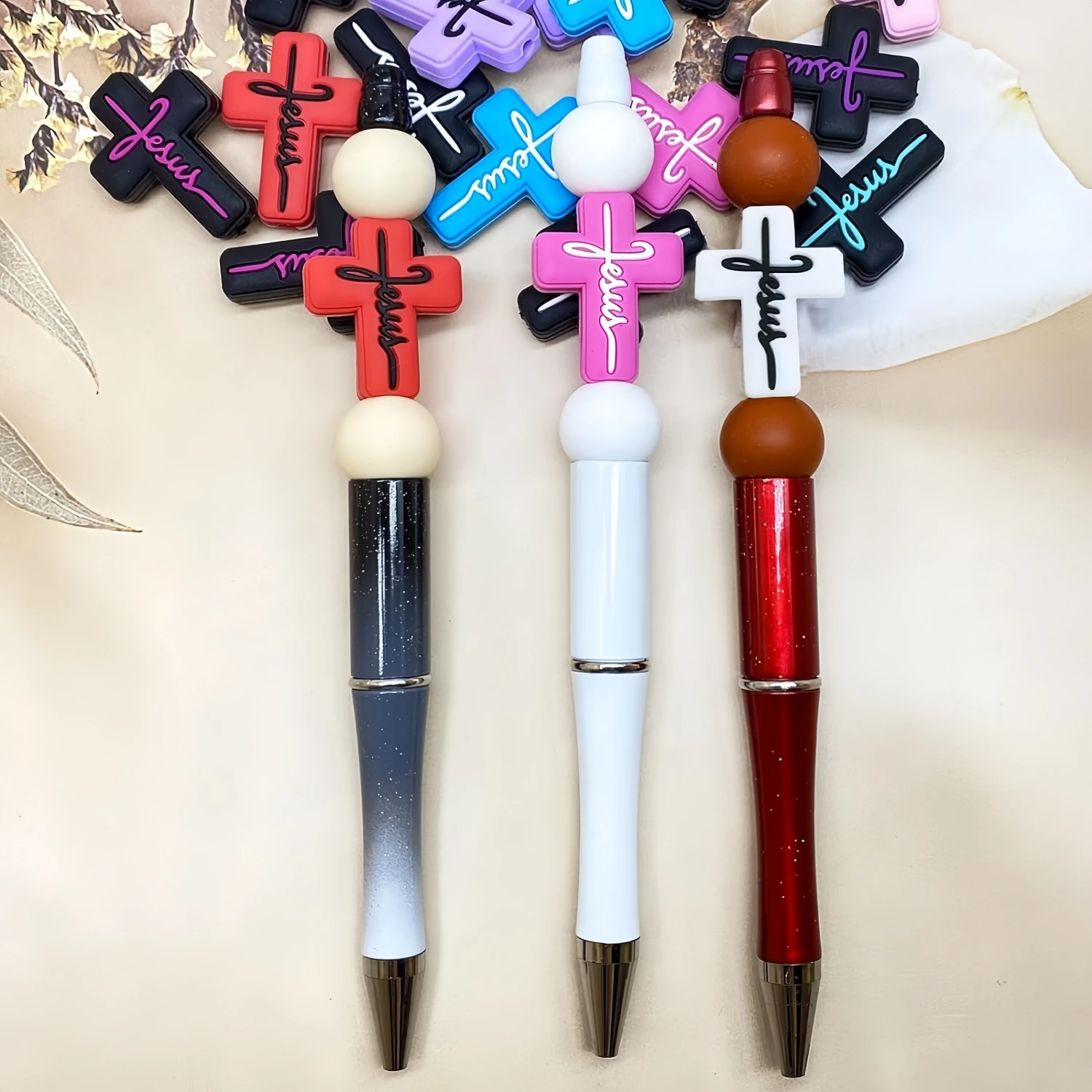 5/10/20PCS Pen Silicone Focus Cross Focus Silicone Beads Charm Keychain Making Kit Various Shapes of Beaded Pen Silicone Beads (