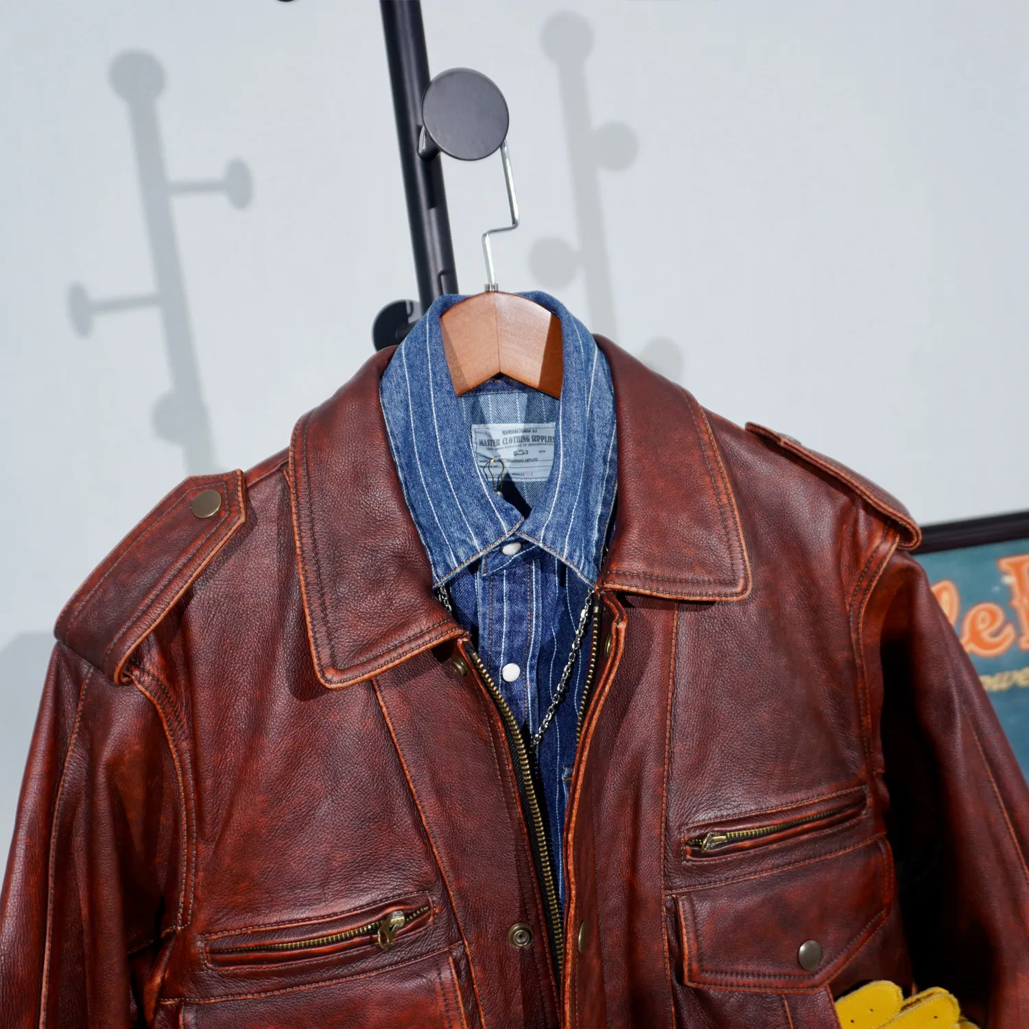 American retro storm armor heavy wash first layer cowhide locomotive retro broadside jacket