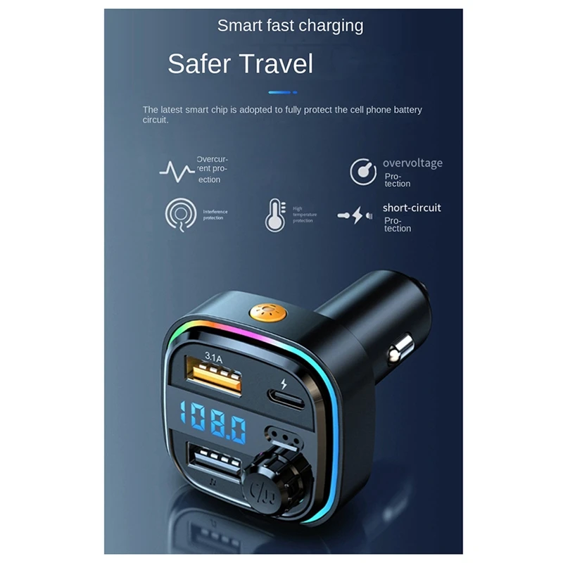 Bluetooth 5.0 FM Transmitter Car Radio Modulator MP3 Player With Colorful Atmosphere Breathing Light PD+USB Fast Charge Durable