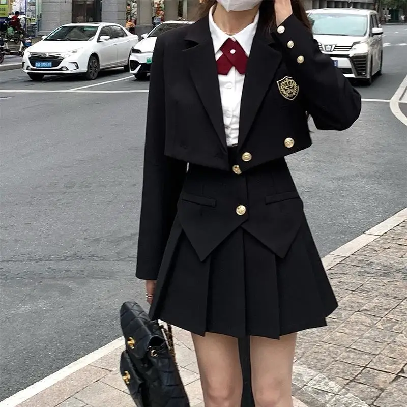 2023 Outono nova coréia japão estilo senhora curto uniforme terno manga comprida jaqueta branca camisa curta saia plissada moda jk set g832