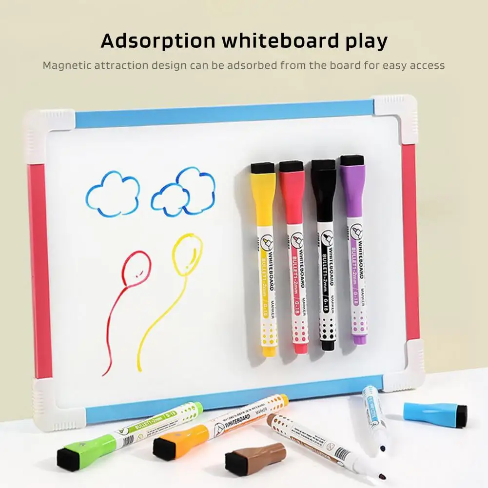 Rotuladores borrables de punta fina, marcadores de pizarra magnética vívida, diseño de cepillo plano, bolígrafos de borrado de secado rápido para suministros de oficina, paquete de 8