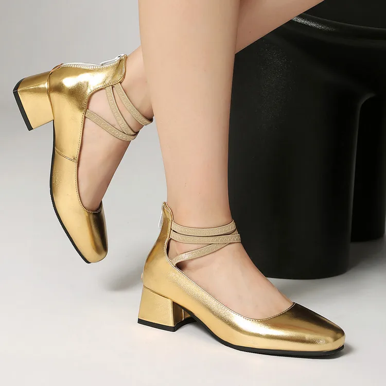 Zapatos de Mujer Metálicos Dorados Tipo Mary Jane con Punta Redonda, Correa en el Tobillo y Tacón Grueso de Cuero