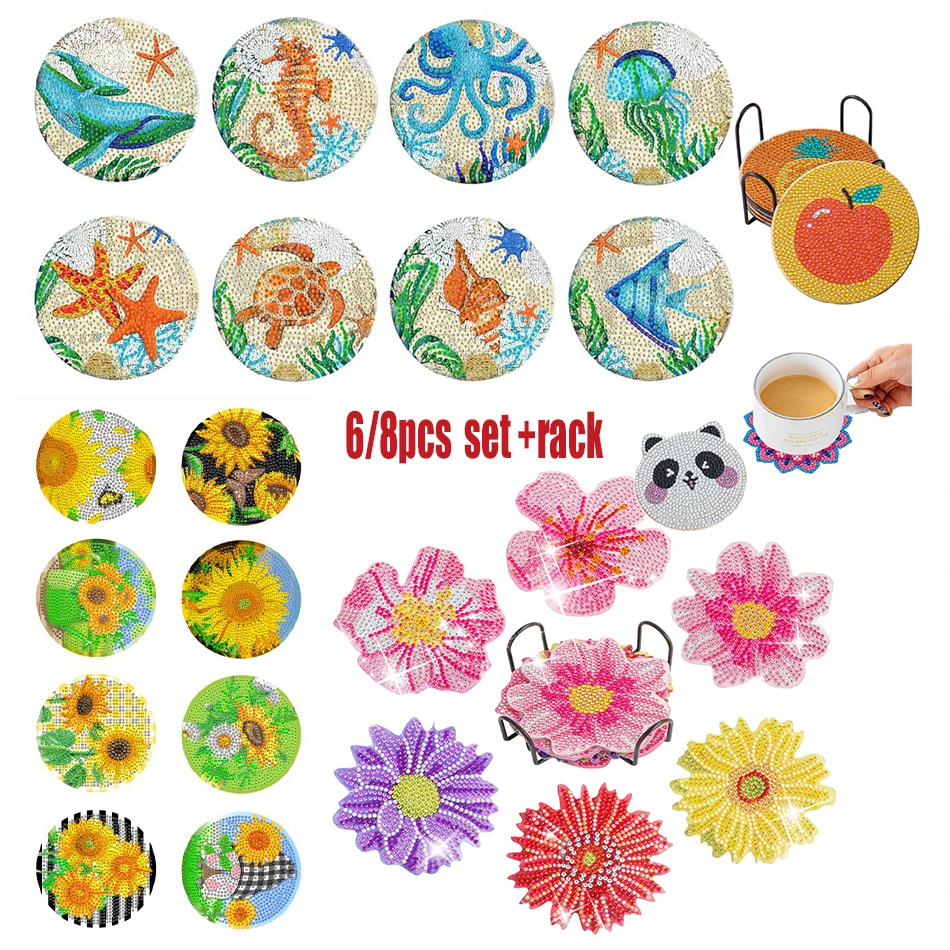 

6/8pcs Diamond Painting Coaster Animal Sunflower Fruit Crystal Rhinestone Cup Mat Handmade Diamond Placemat Drill Point Coasters