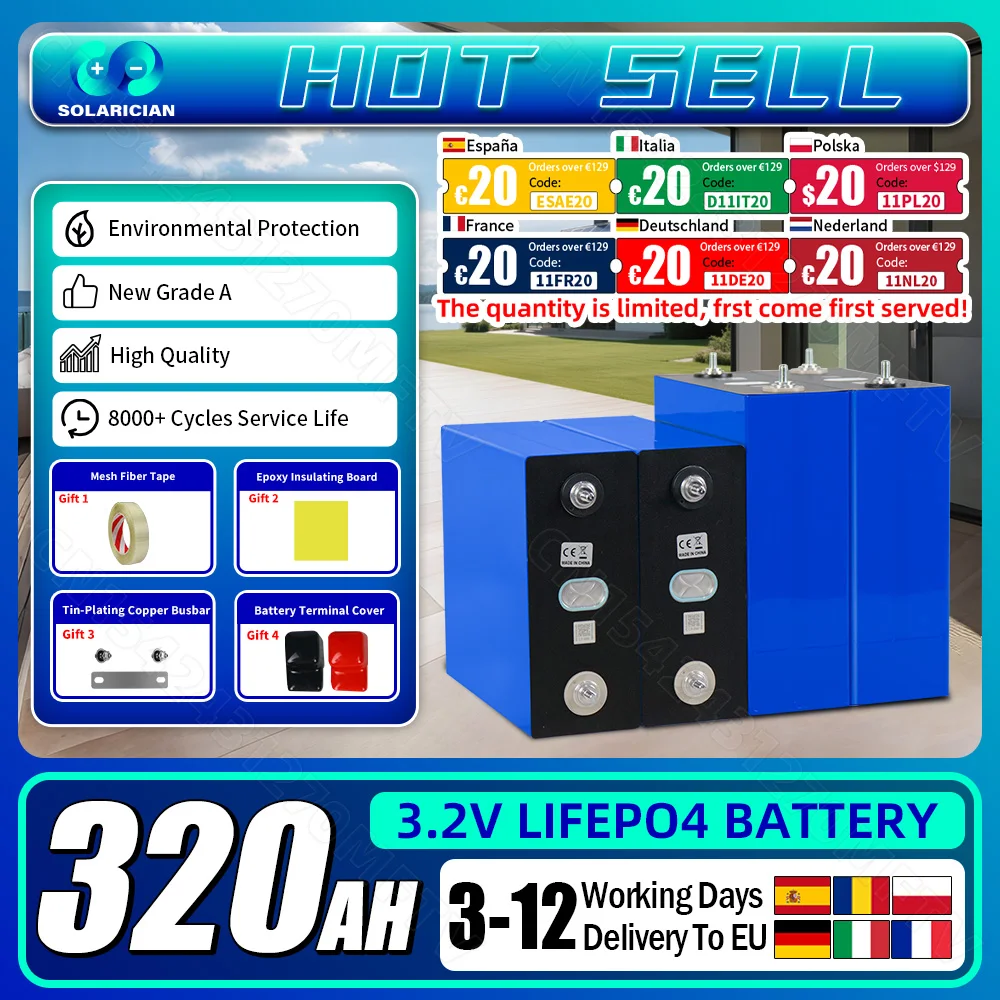 EU Stock 3.2V 320Ah LiFePO4 Battery Grade A 8000 Cycle Rechargeable Battery DIY 12V 24V 48V For RV EV Camping Solar Lifepo4 Cell
