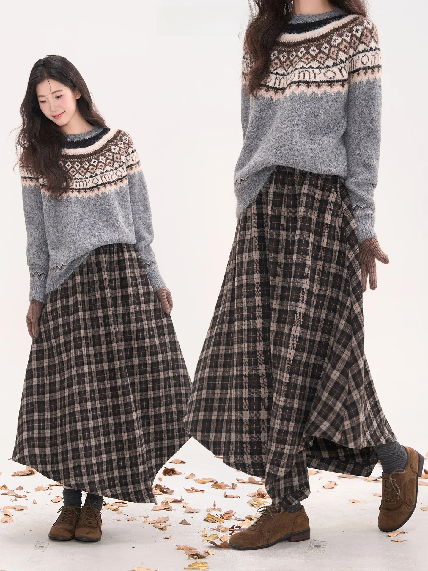 

Heme Autumn Winter Plaid Woolen Skirt Women's High Waist Asymmetrical Design Casual A-Line Skirt Cotton Linen Blend
