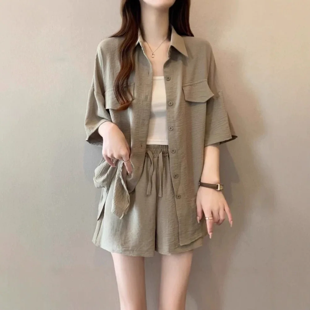 Plus Size Summer Shirt Shorts Set Women's  Trendy Slimming 2-Piece