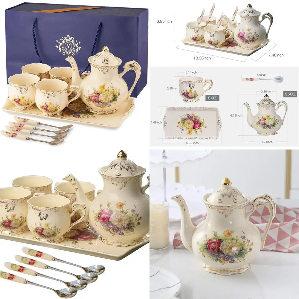 

Vintage Flowering Shrubs Tea Set for Mom - Elegant Porcelain Cups and Teapot for Birthday or Wedding Gifts