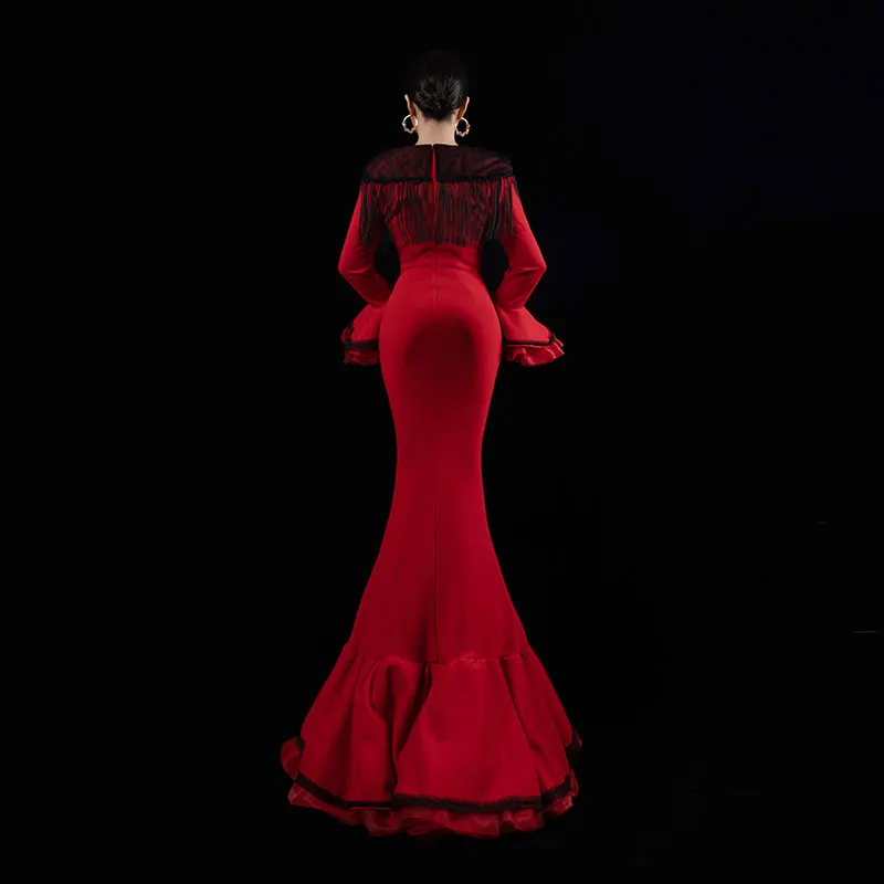 Baisha V-Neck Red Evening Dress Tassels Ruffle Edge Sleeves Fashion Split Slim Fit For Banquet Party Elegant Mermaid Dress H591