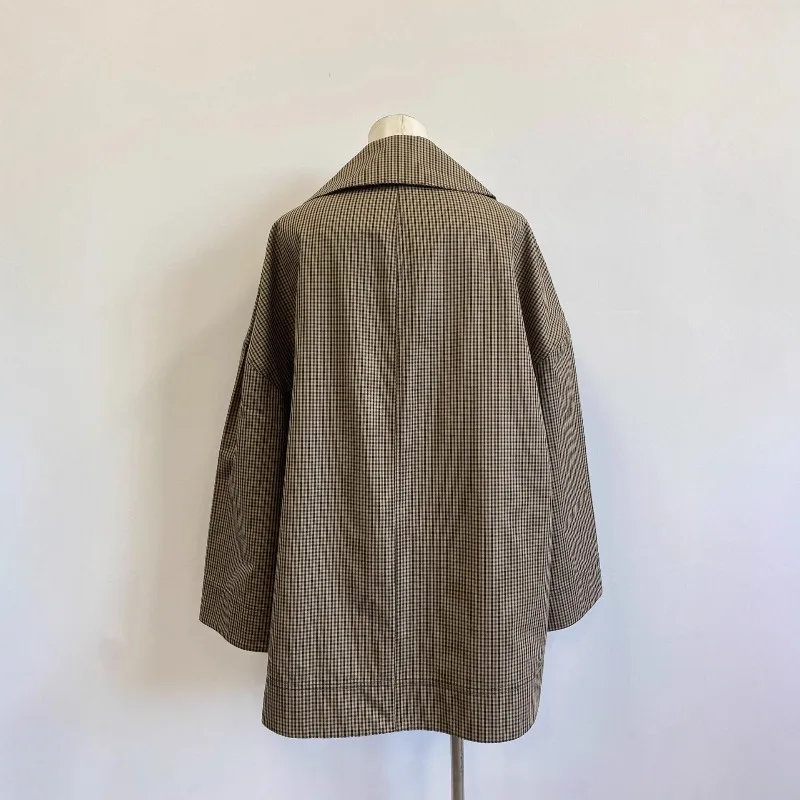 여성용 체크 코트, 중간 길이, 심플한 출퇴근용 한국 스타일, 루즈핏 여성용 코트, 2025년 가을/겨울