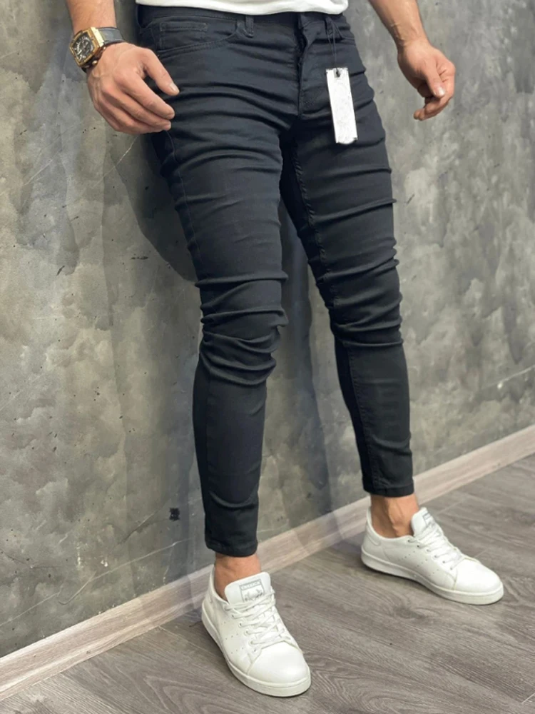 Calça jeans clássica de lavagem sólida masculina, calça elástica casual, jeans skinny azul, moda europeia e americana, alta qualidade, 2023