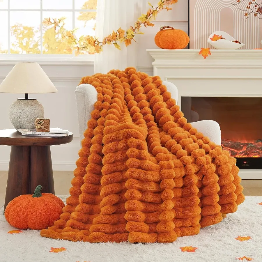 

Faux Fur Throw Blanket for Couch Cozy Warm Plush Striped Blanket for Sofa Bedroom Living Room 50 60 Inches Burnt Orange