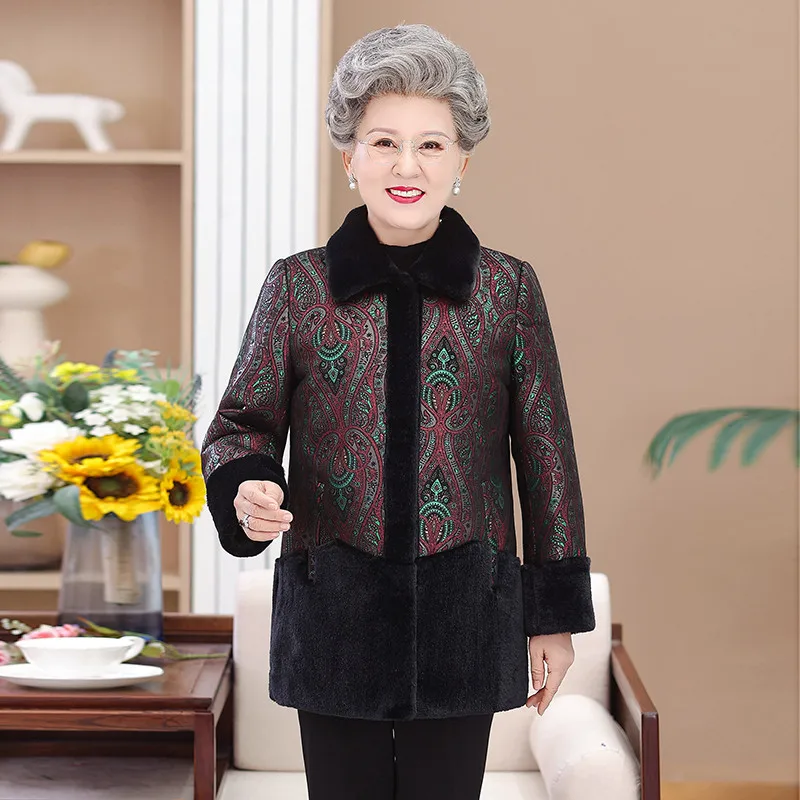 

Middle Aged Elderly Women Winter Coat Grandma Faux fur patchwork Leather Jacket Warm Mid-Long Parka Female Outerwear