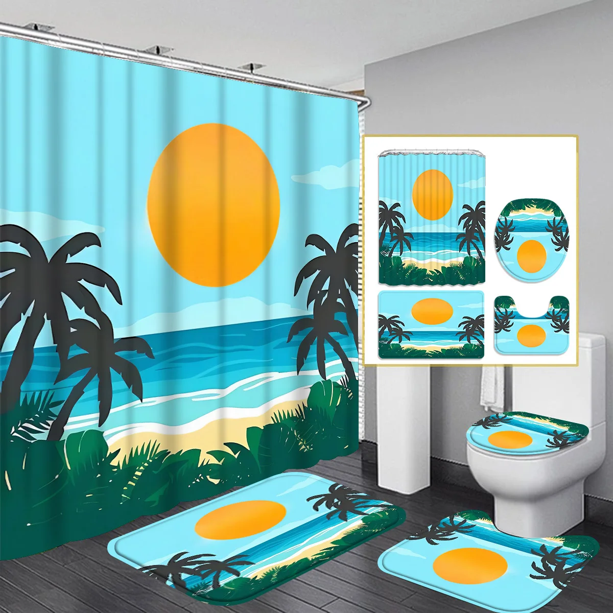 

Набор из 4 занавесок для душа с 12 крючками — занавеска для душа, коврик для ванной, чехол на сиденье унитаза и U-образный коврик — можно стирать в машине