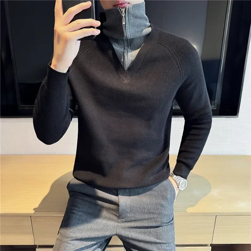 Faux pull 2 pièces pour hommes, conception à demi-fermeture éclair, haute qualité combinée, coupe couvertes décontractée, pulls chauds, mode automne et hiver