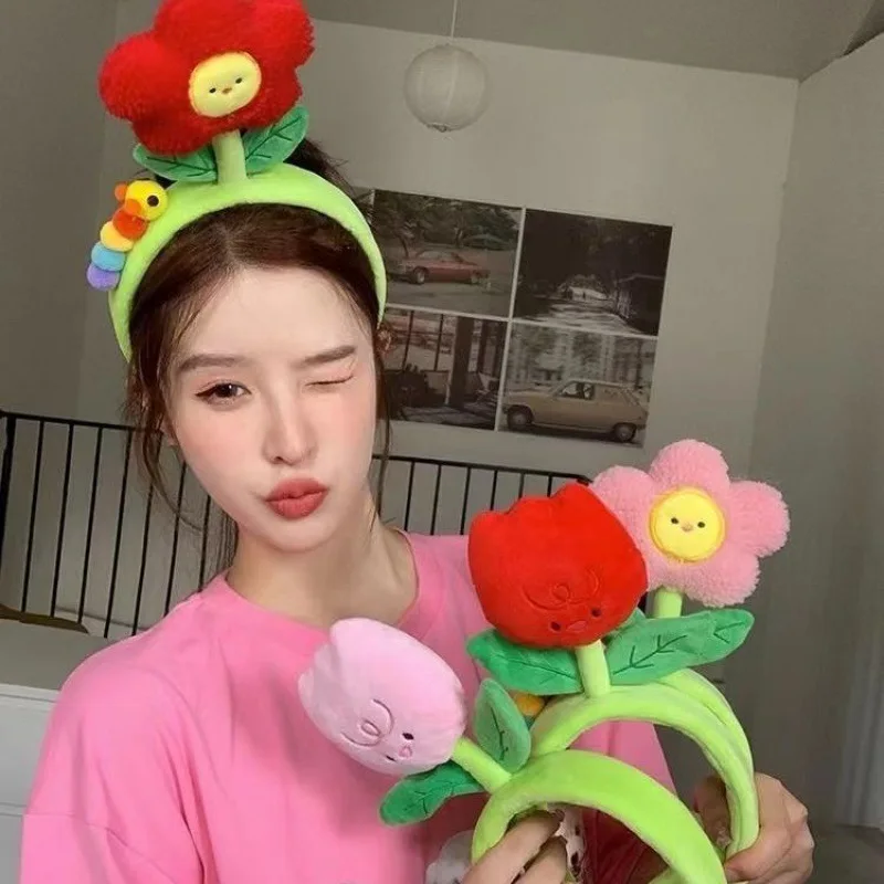 Creative Plush Caterpillar Flowers Headband Women Children Cute Cartoon Headband Headdress Makeup Wash Face Hair Hoop Headwrap