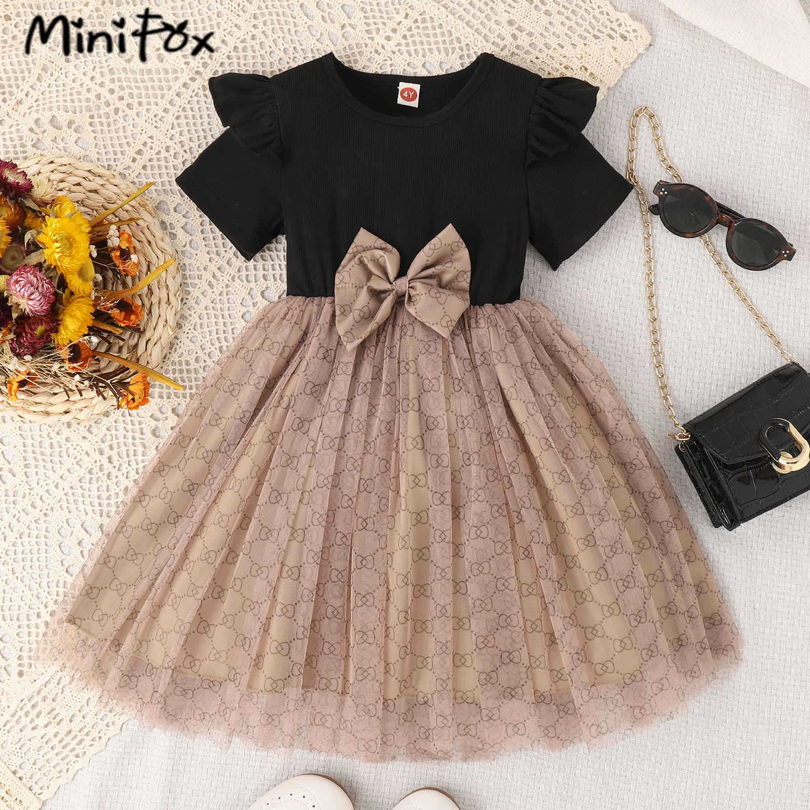 MiniFox Children\'s Party Dresses Summer 2024 Bows Printed Black Dress For Girls Evening Gown Dress Kids Clothes Girls