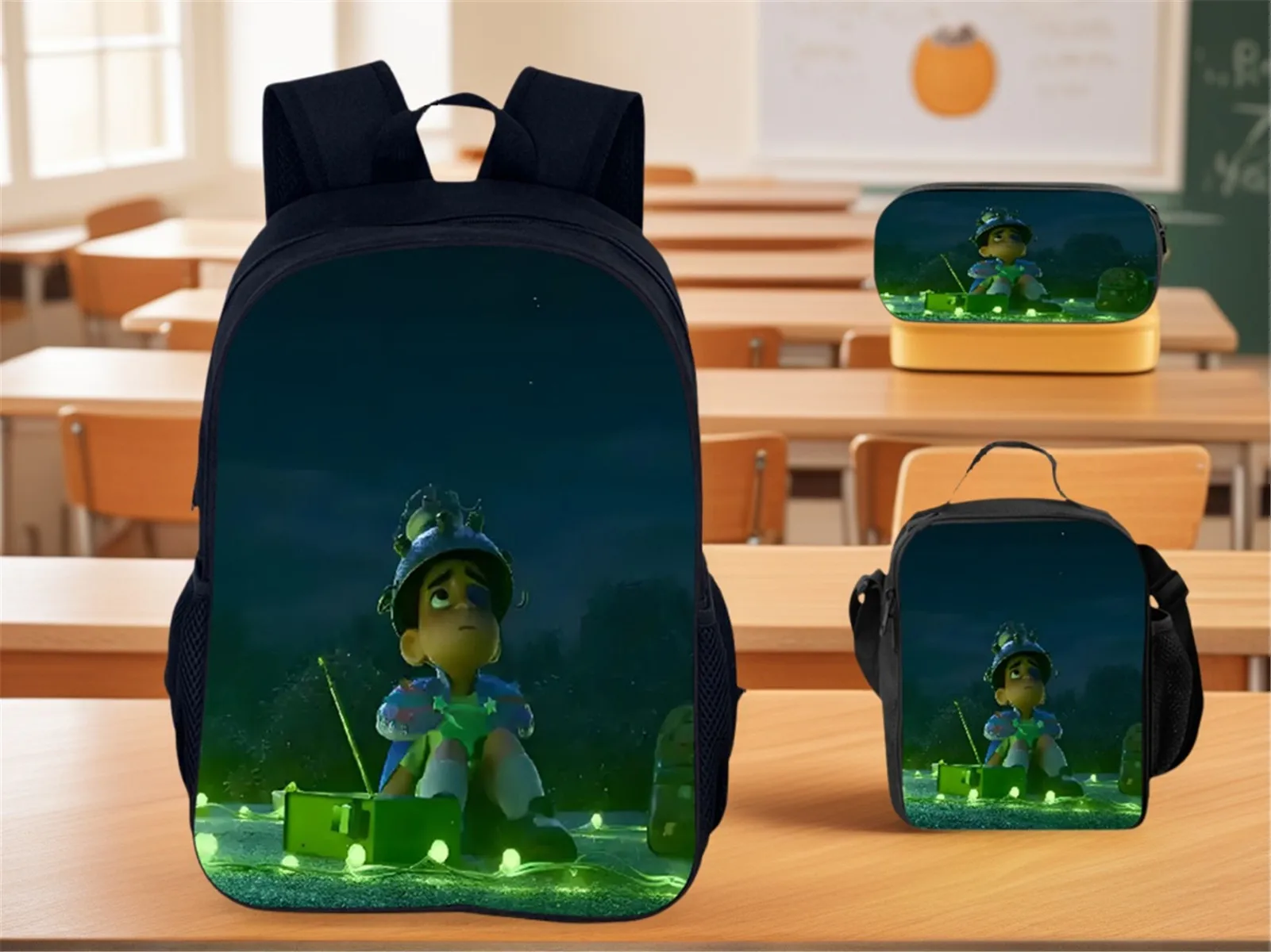 

3 in 1 Cartoon School Backpack Set Casual Daypack,Kid Elio Lightweight Bookbag+Insulated Lunch Bag+Pencil Box
