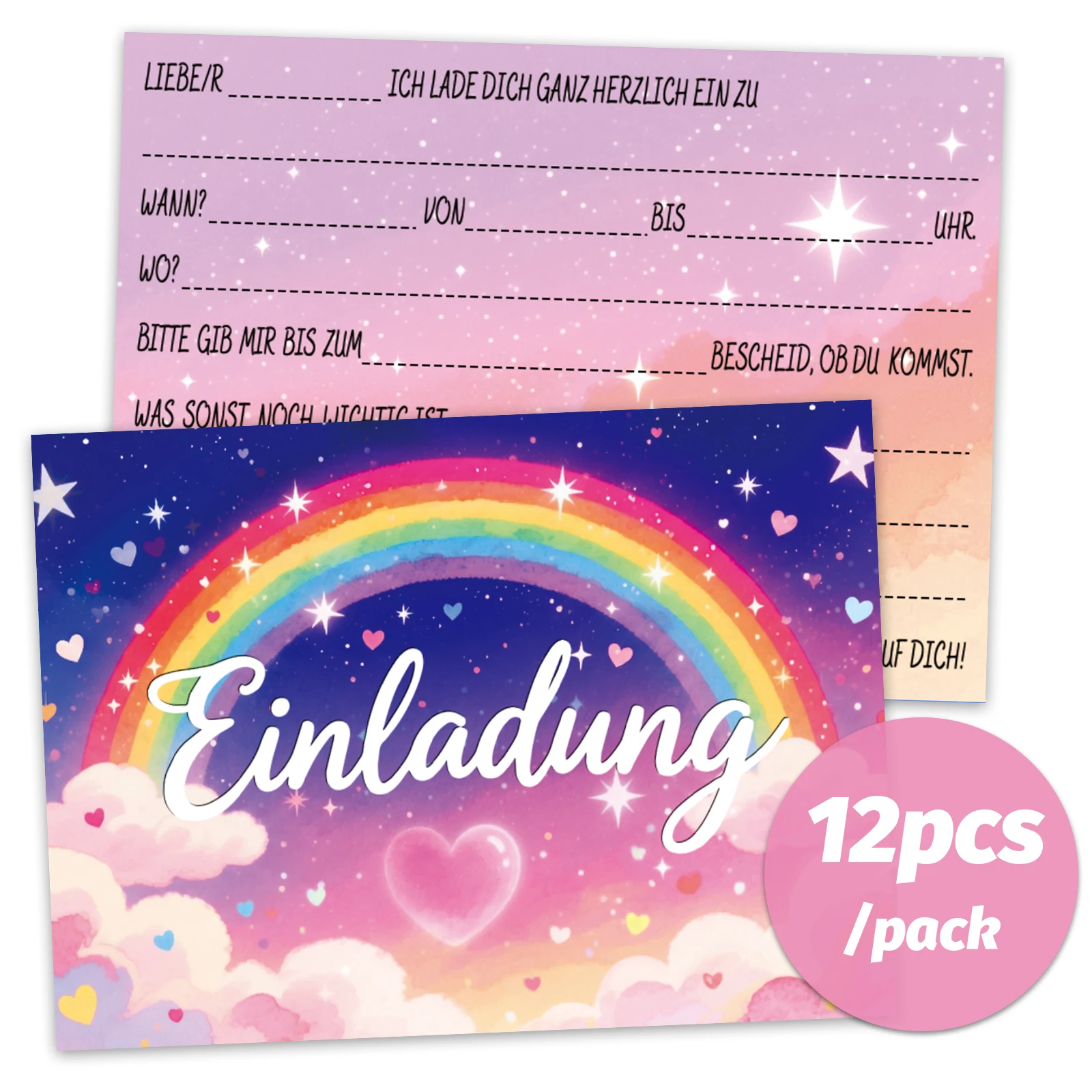 12 romantische Einladungskarten zum Geburtstag mit Sternenhimmel-Motiv, gestaltet mit wunderschönen Regenbogen-, Wolken- und Herzelementen. Der r