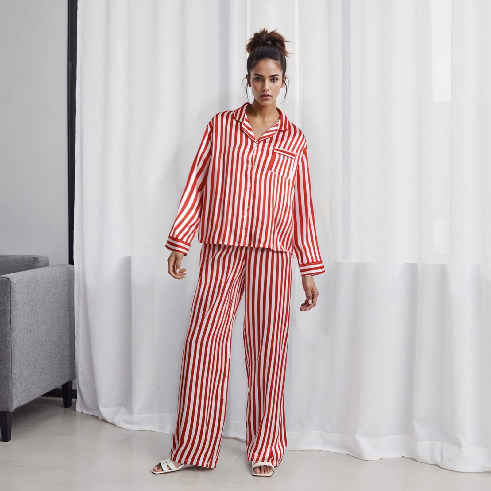 

Женский весенне-осенний комплект из двух предметов в полоску с принтом, топы на пуговицах с длинными рукавами и брюки с эластичной резинкой на талии, повседневная одежда для сна