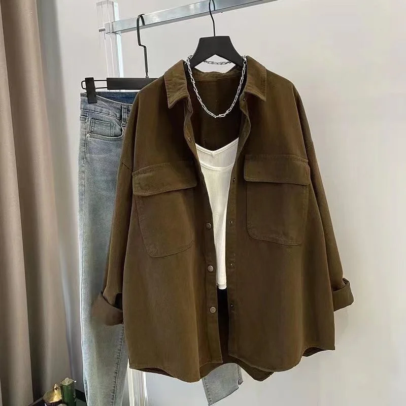 Spring 2024 Female Coffee Colored Shirt Jacket Women\'s New Korean Loose Medium Length Casual Versatile Long Sleeved Shirt Top