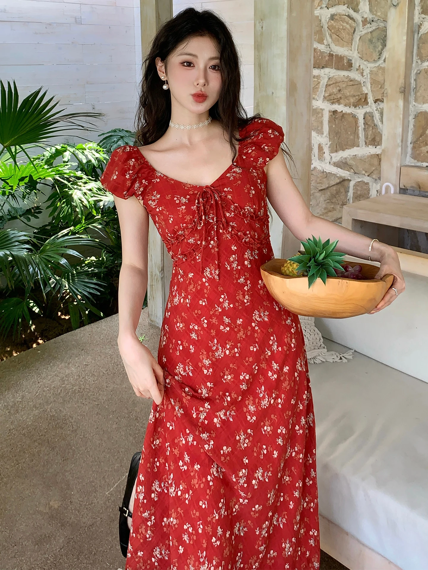 الأحمر الأزهار طباعة ماكسي الدكتور V-Ne الصيف شاطئ Vaion ثوب نسائي الجنية T مثل ألف خط تنورة فقاعة Sve عالية الخصر