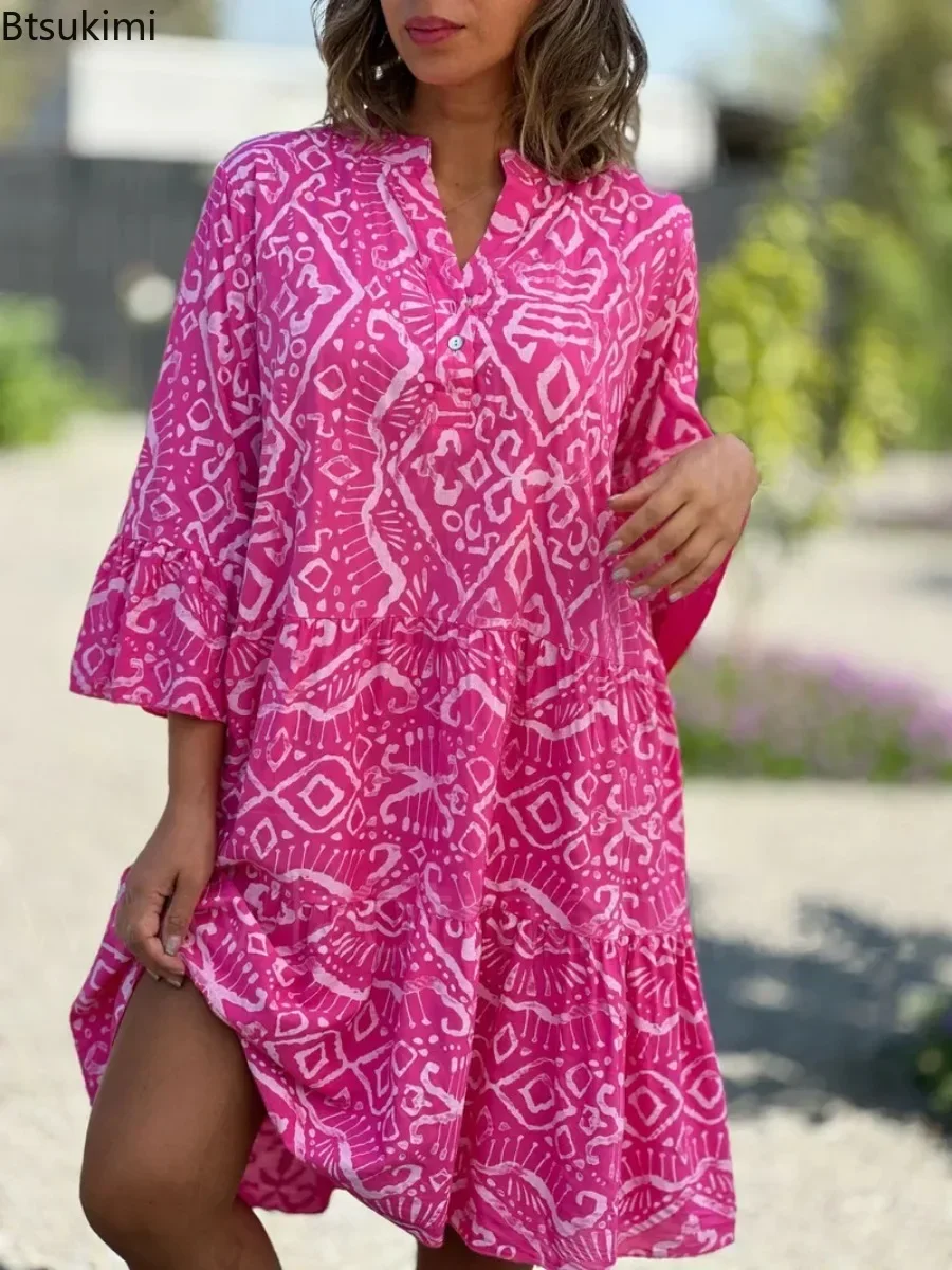 New 2025 Women's Spring Summer Casual Dress Three Quarter Horn Sleeve Dress A-line Print Hem Bohemian Midi Fashion Dress Vestido