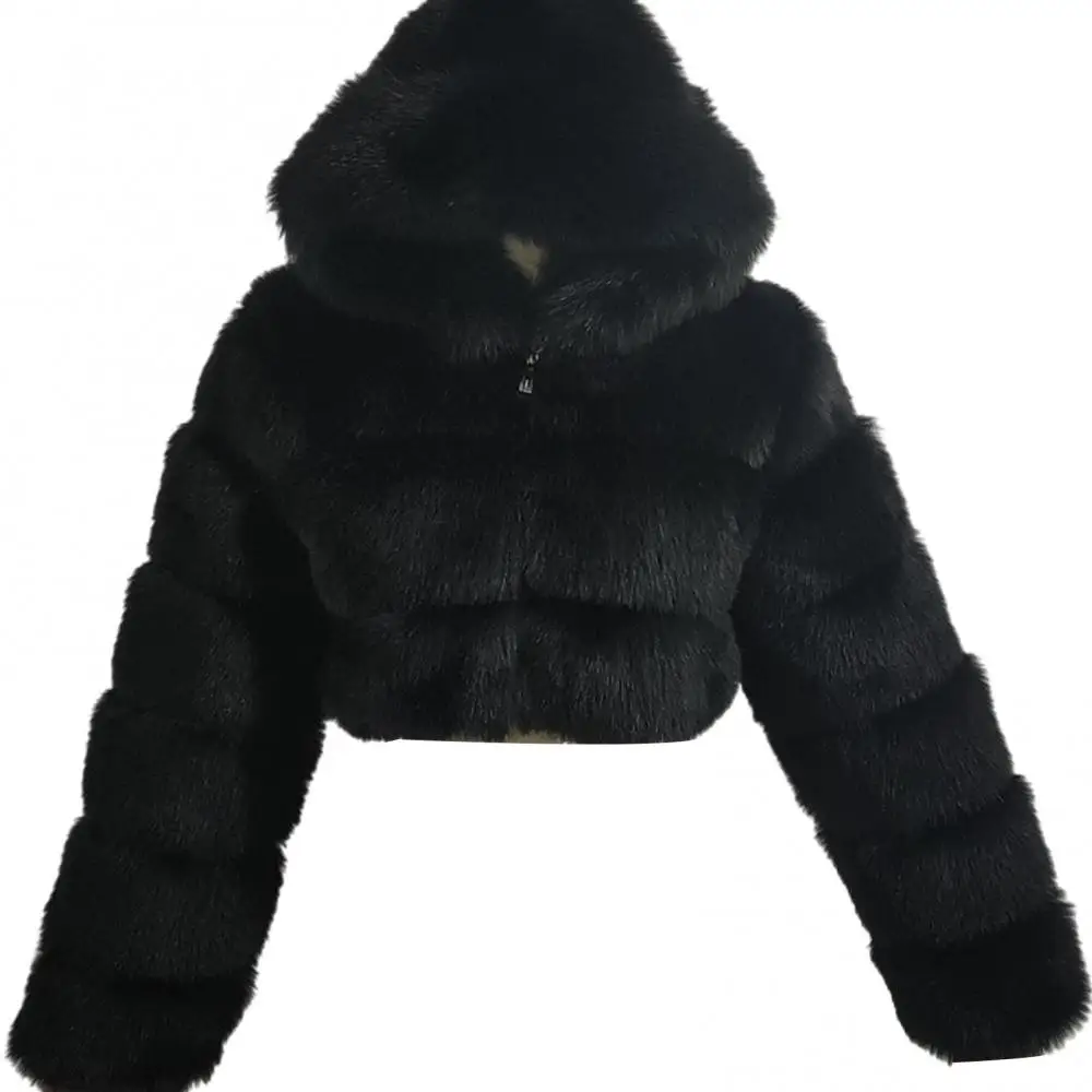 Plus size Women Jacket Fashion Winter Faux Fur Cropped Coat Fluffy Zip Hooded Warm Short Jacket