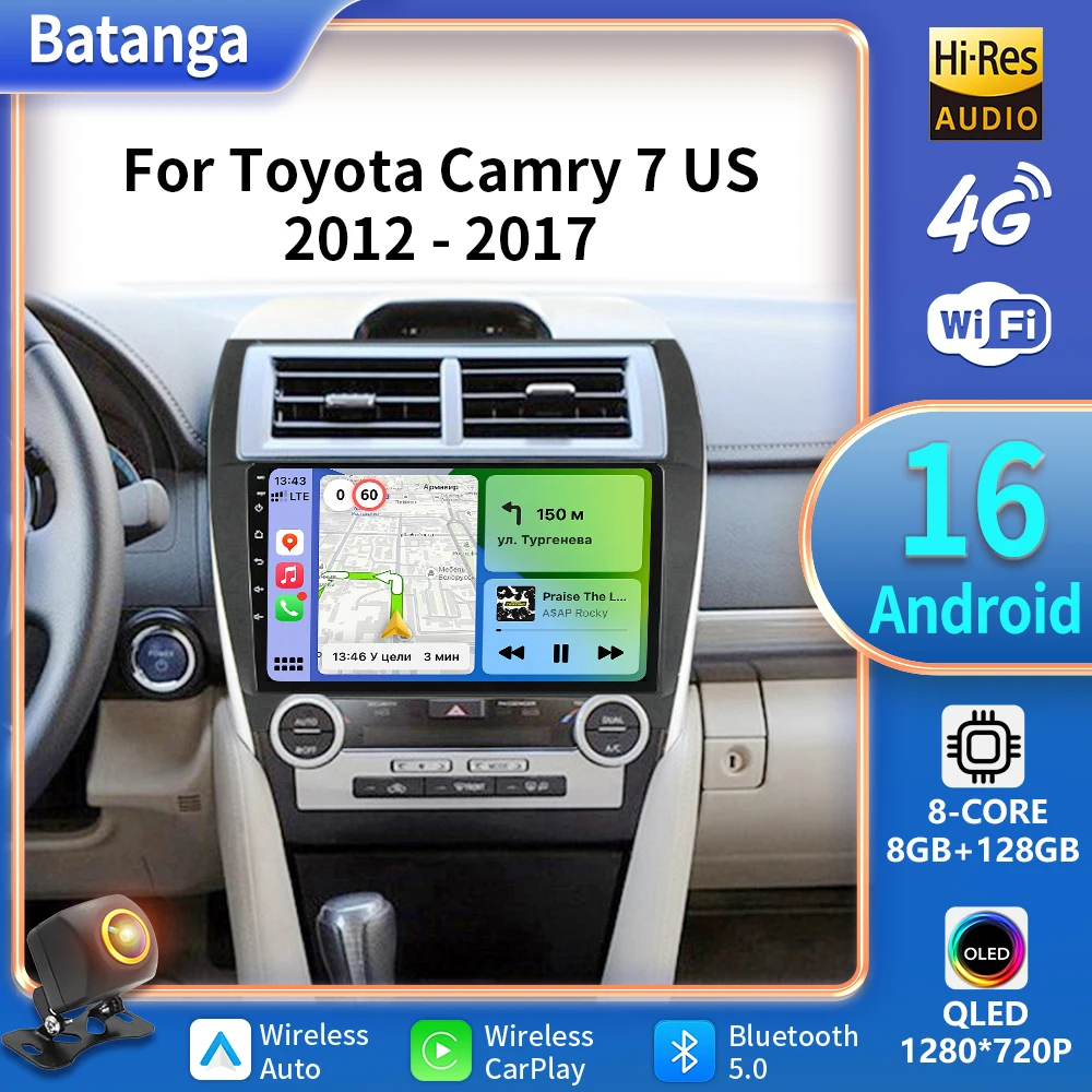 Android 16 For Toyota Camry US 2012 - 2014 QLED Android Car Radio Multimedia Video Player GPS Stereo CarPlay 5G Head Unit