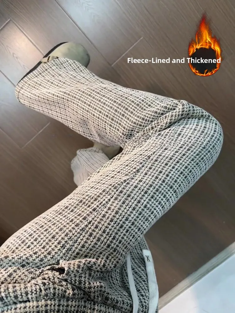

American Retro Plaid Fce Lined Straight Leg Men's Winter Thi Casual Sports Pants Loose Comfortable Straight Cut Trousers