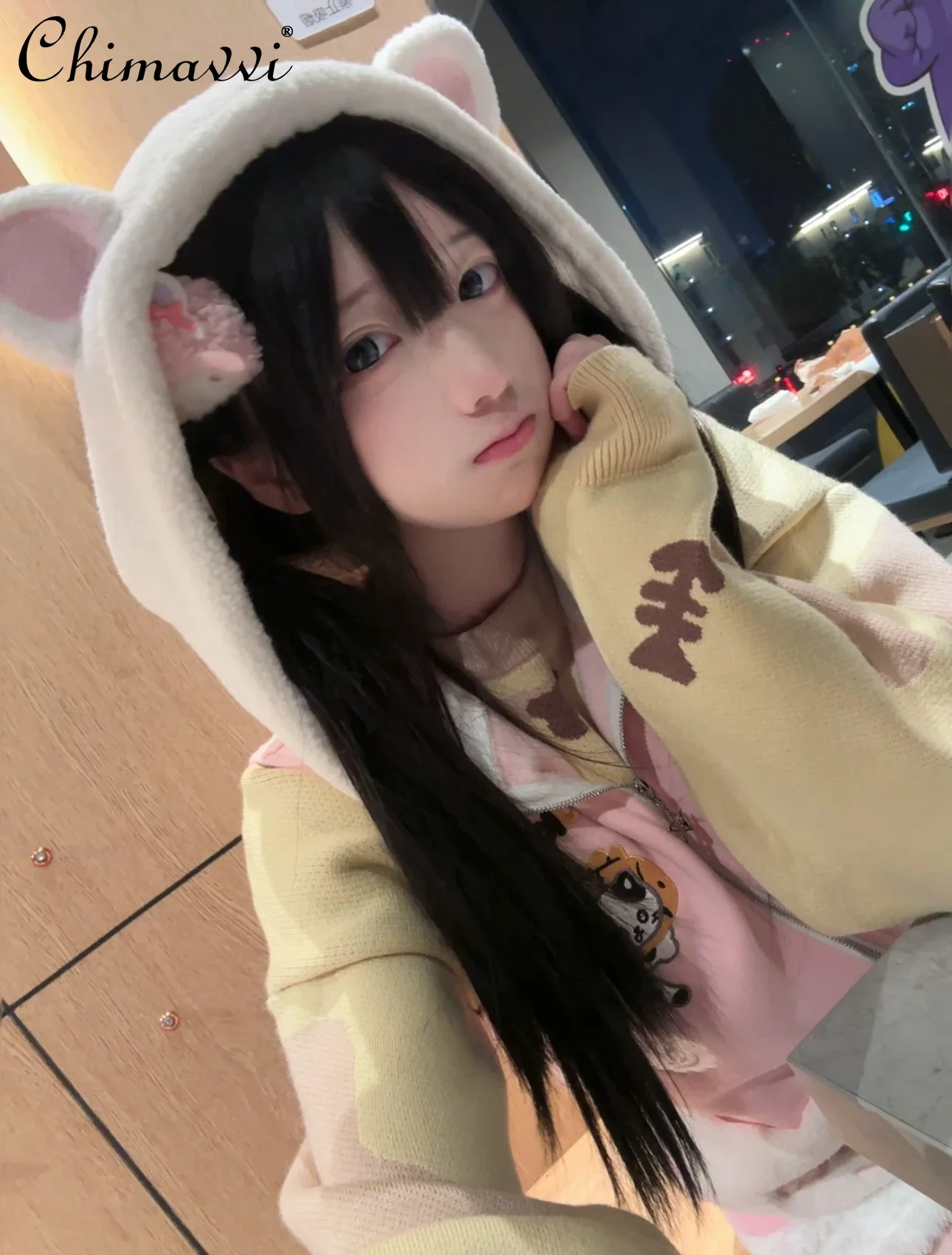 Original Autumn Winter Cute Cat Ear Kitten Fish Bone Pullover Sweatshirt Hooded Vest Womens Girls Kawaii Y2k Knitted Sweater