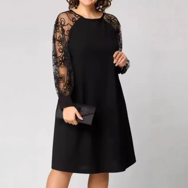 

2025 Fashion New Splicing Lace Long-sleeved Crew Neck Dress Europe and America